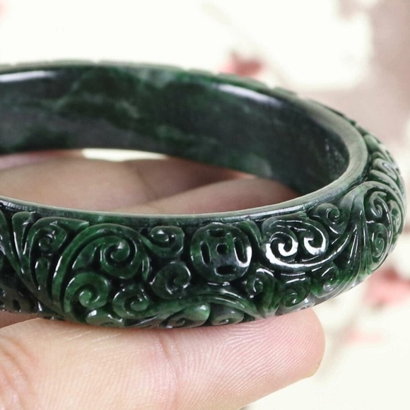 57mm Certified Green Natural A jade Jadeite Moire Bangle Bracelet - Picture 3 of 10